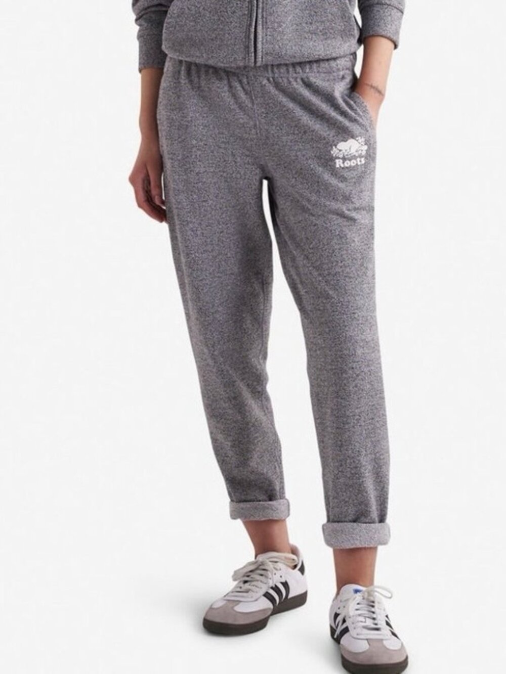 Roots Salt & Pepper Classic Beaver Logo Fleece Joggers size M